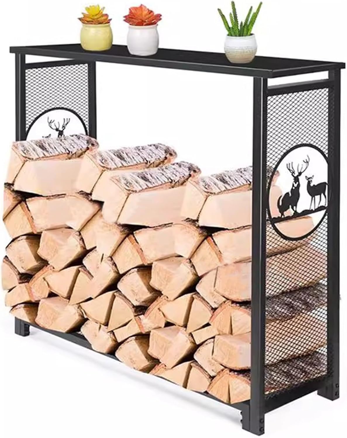 GTPBAO Wrought Iron Log Stacker Stand Desk, Firewood Racks with Mesh, Wood Storage Holder for Outside Firepits\/Lumber Store(Length 100cm)