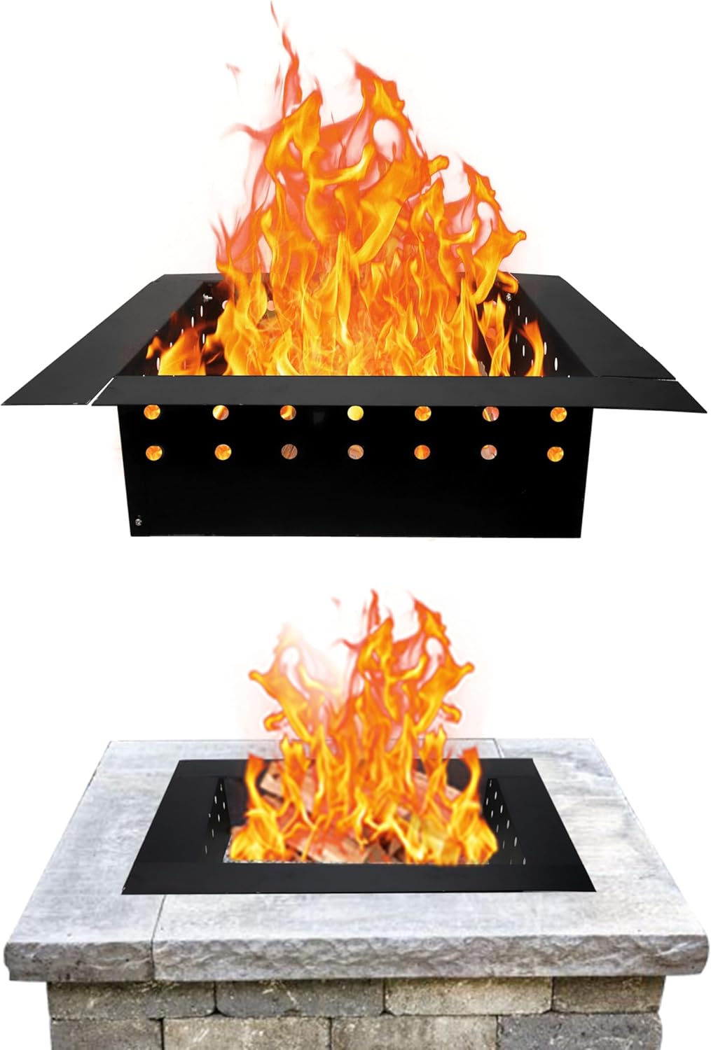 FEBTECH Smokeless Fire Pit Ring Insert - 32" OD & 24" ID - Premium 2MM Powder Coated Carbon Steel Square Fire Ring with Air Vents -DIY In or Above Ground Fire Ring for Outdoor Garden, Patio & Backyard