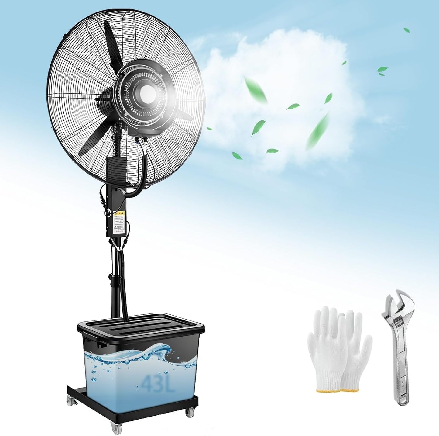 Oscillating Misting Fan,3 Cooling Speeds with 42L Tank,Black Standing Misting Fans,Portable Pedestal Fan for Backyards,Patios,Adjustable Height,26\/30 Inch Mist Fan(320W\/26in)