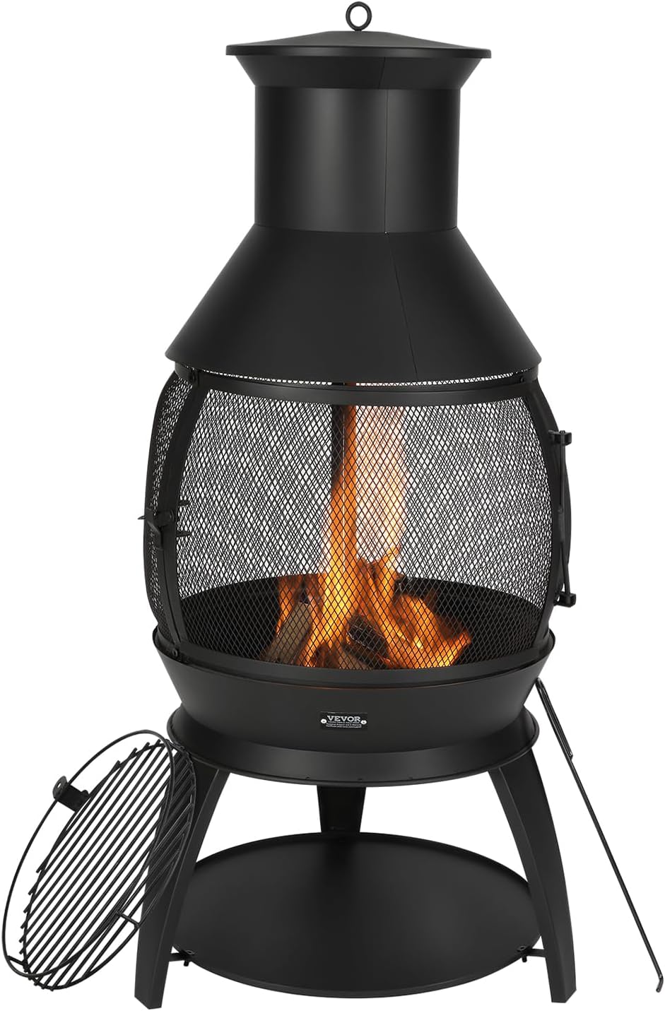 VEVOR Chiminea, 22 Inch Outdoor Wood Burning Firepit, Iron Spherical Fireplace for BBQ & Warming, Wooden Fire Pit with Grill Mesh, Chimney Coat & Rustproof Chiminea Lid, for Patio, Garden, Backyard