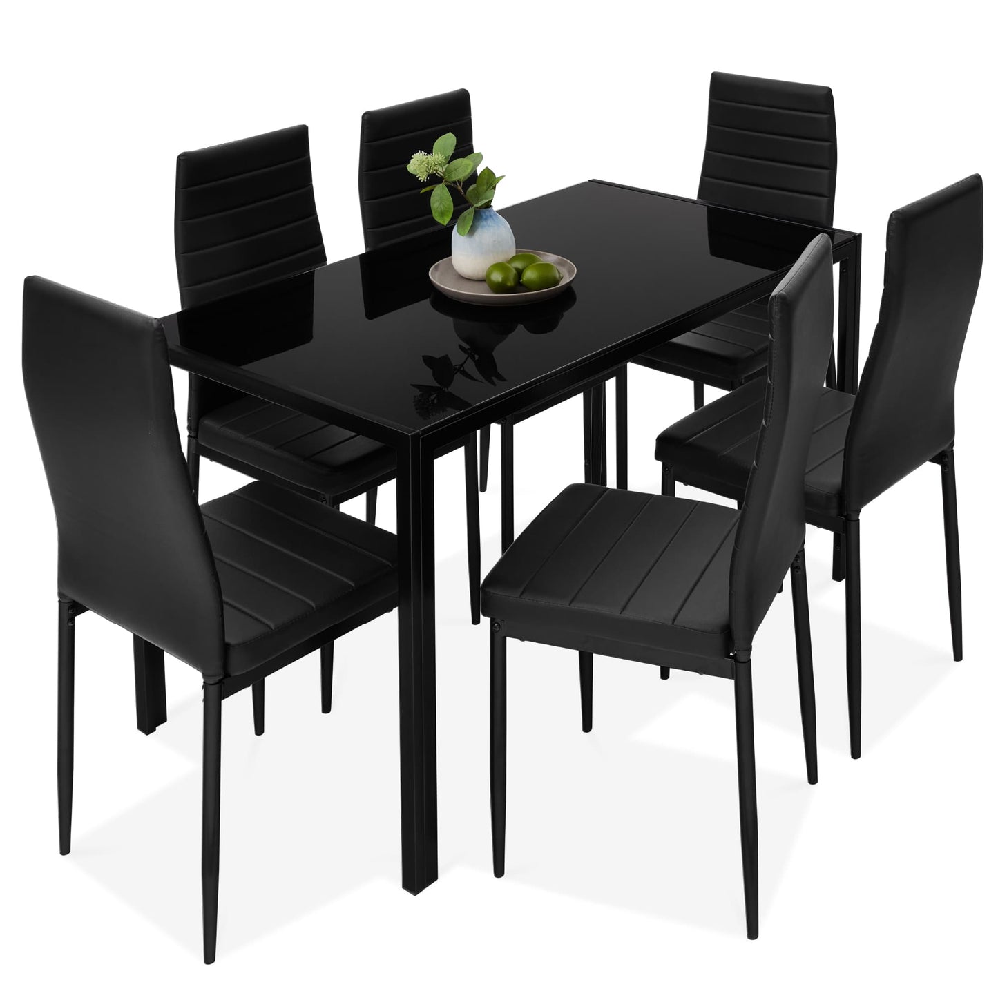 Best Choice Products 7-Piece Kitchen Dining Table Set w/ Glass Tabletop 6 Faux Leather Chairs - Black