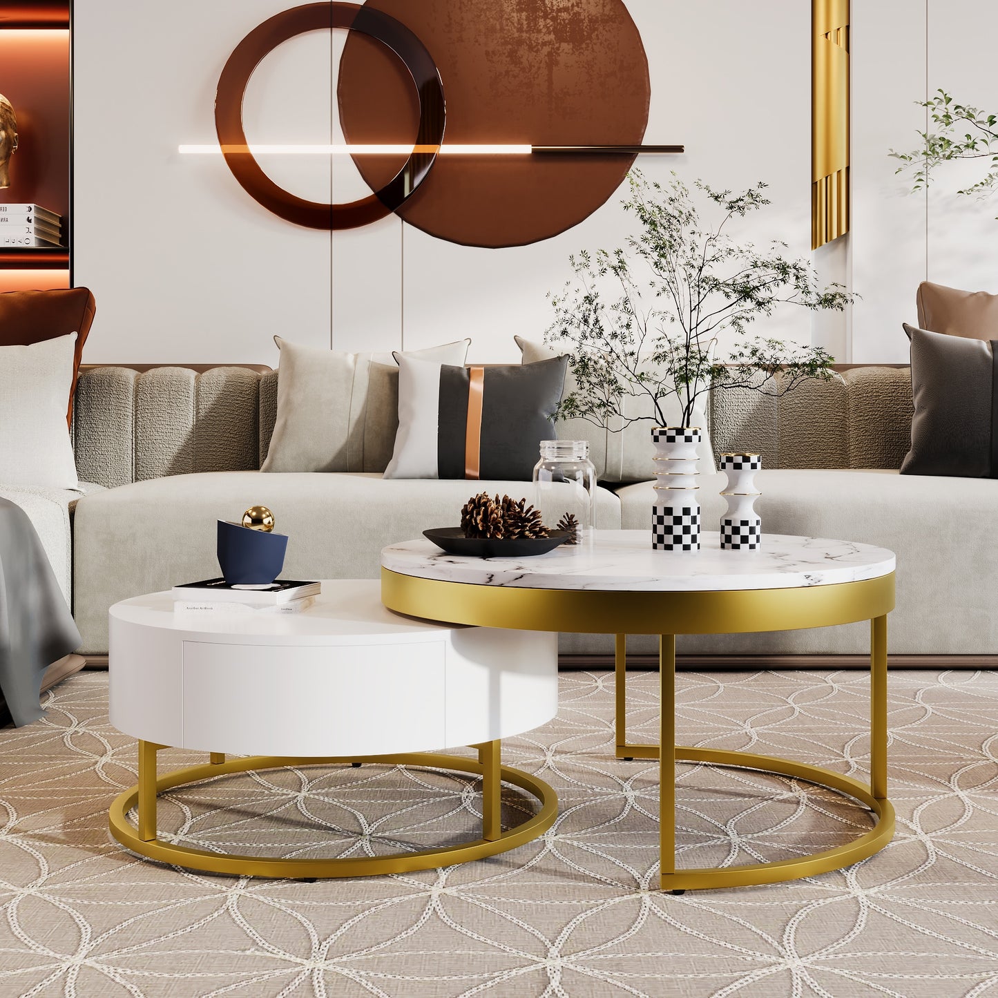 ModernLuxe Modern Round Nesting Coffee Table with Drawers in White
