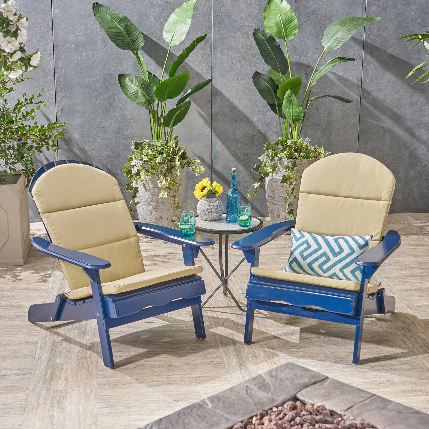 Christopher Knight Home Malibu Outdoor Acacia Wood Folding Adirondack Chairs with Cushions Set of 2-Navy Blue + Khaki