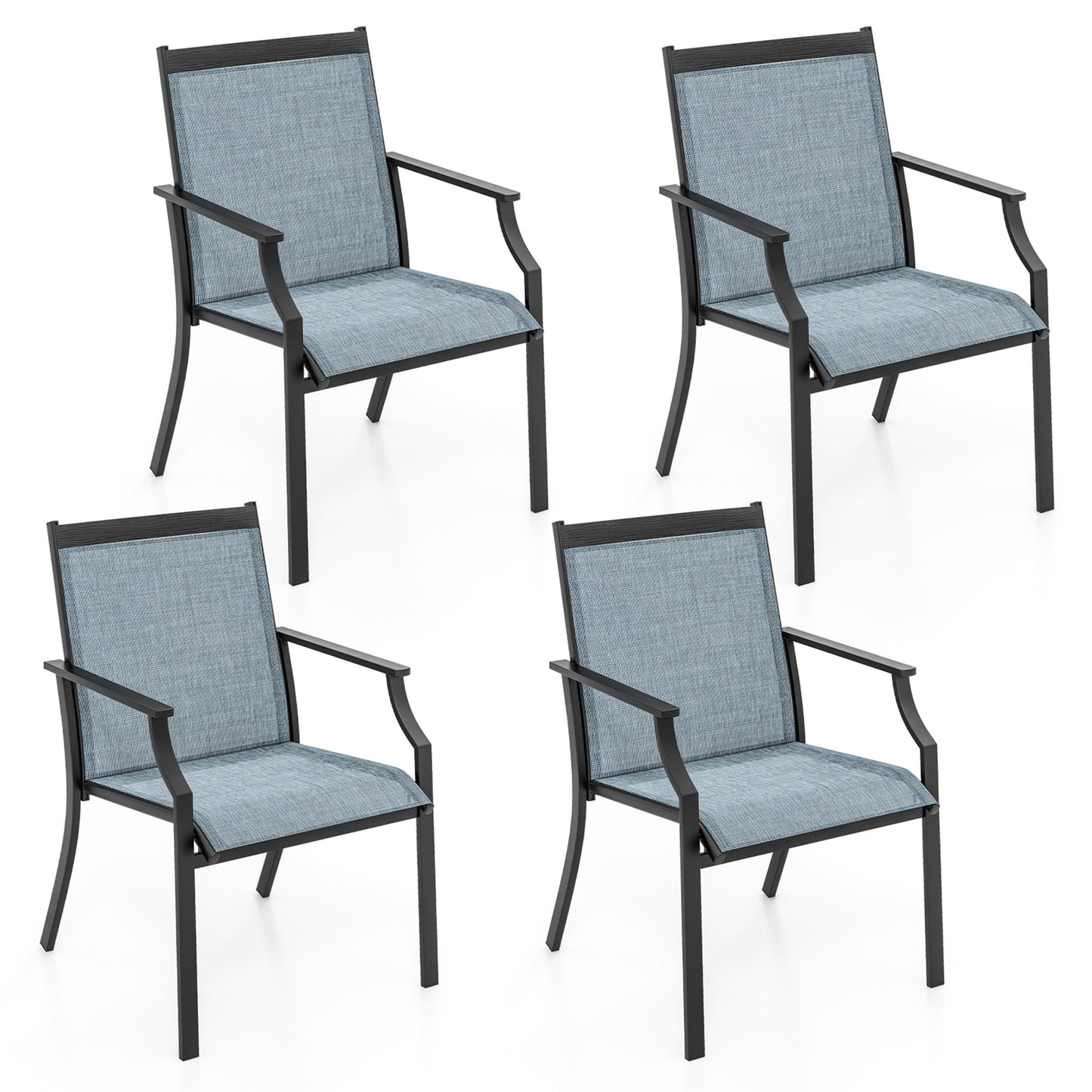 Sumyeg 4 Piece Patio Dining Chairs Large Outdoor Chairs Set of 4 Black Metal Frame Stationary Dining Chair with Blue Mesh Seat