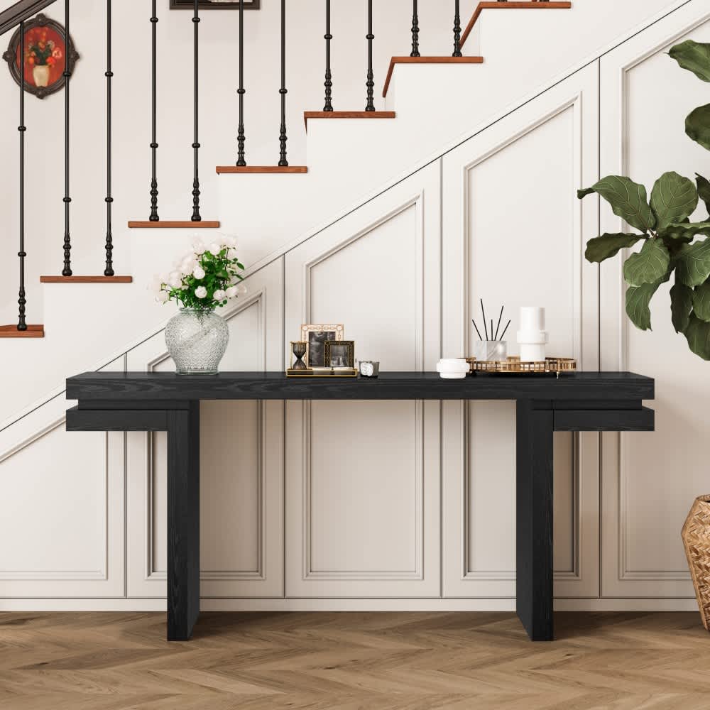Coolbibila Distressed Black Wood Veneer Console Table 66 Inch Modern Narrow Entryway Sofa Table for Hallway