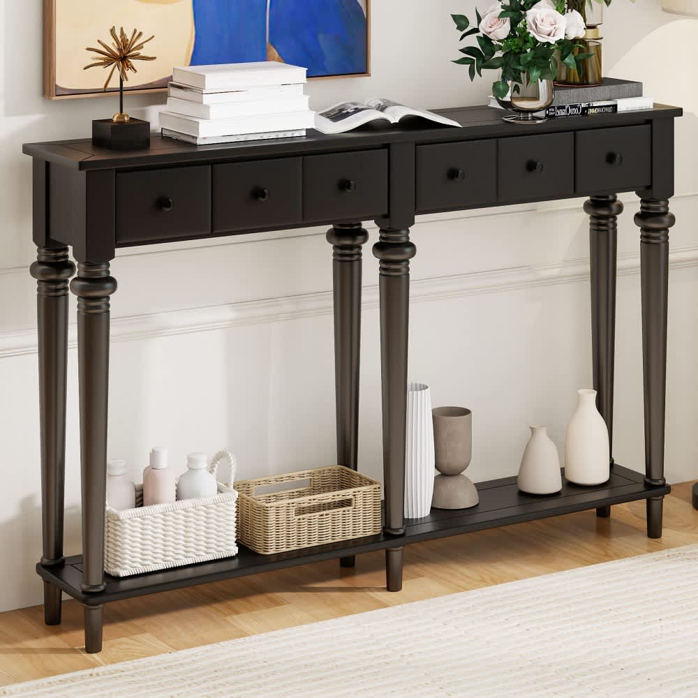 Coolbibila Black Solid Wood Console Table with 4 Drawers and Open Shelf Vintage MDF Entryway Table for Hallway