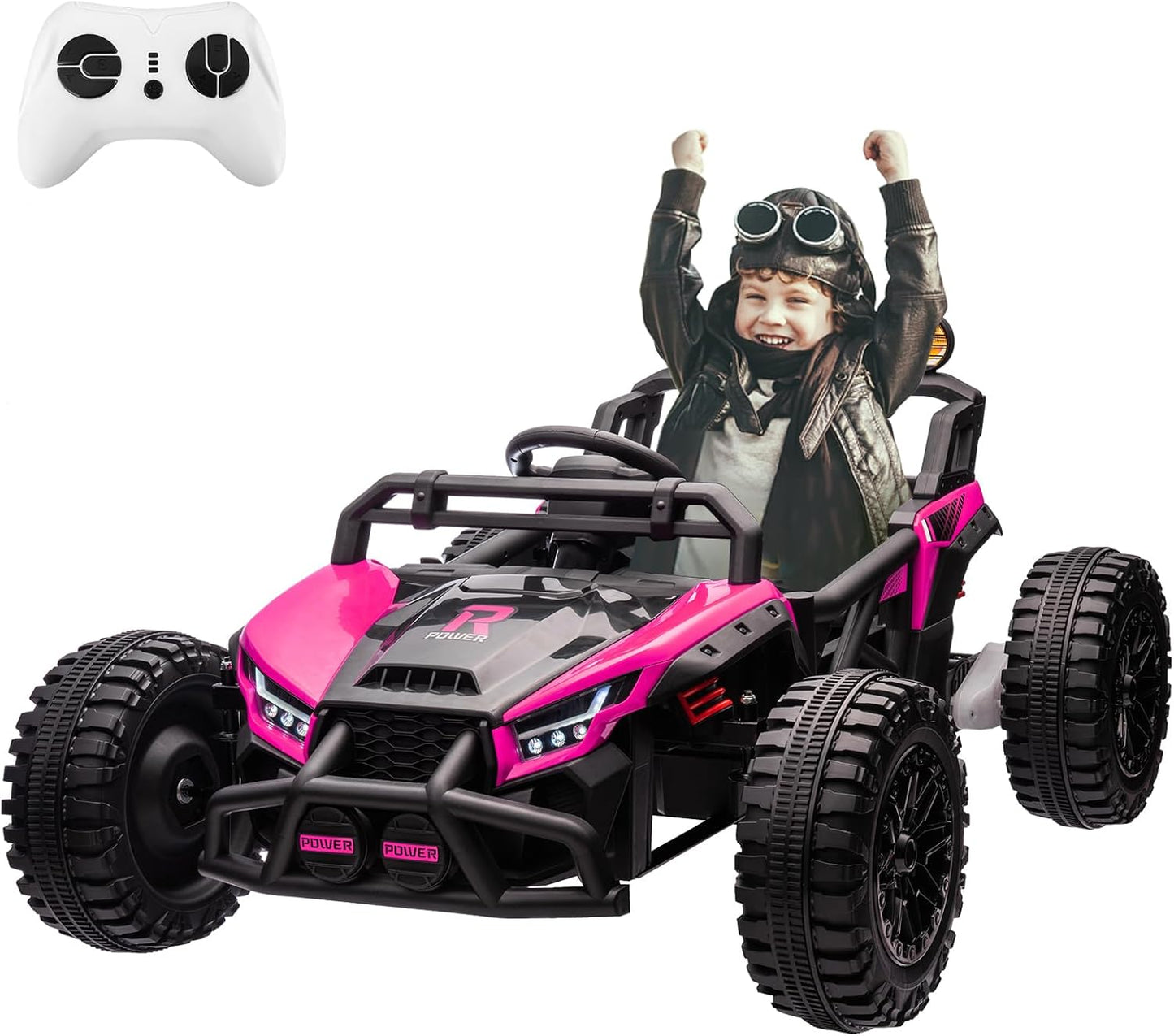 Qeetex 24V Electric Car for Kids 3-8 with Remote Control Battery Powered Ride On Truck Kids Electric Toy Car with LED Lights Bluetooth MP3 4 Wheeler Vehicle for Toddlers to Drive Pink