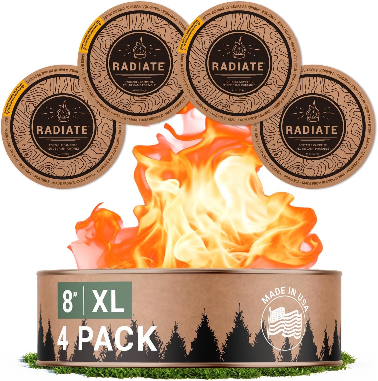 Radiate 4 Pack XL 8" Portable Campfire As Seen On Shark Tank - Up to 2 Hours of Burn Time, Reusable Travel Fire Pit for Camping, Patios and Beach Days - Great Alternative to a Real Fire - Made in USA