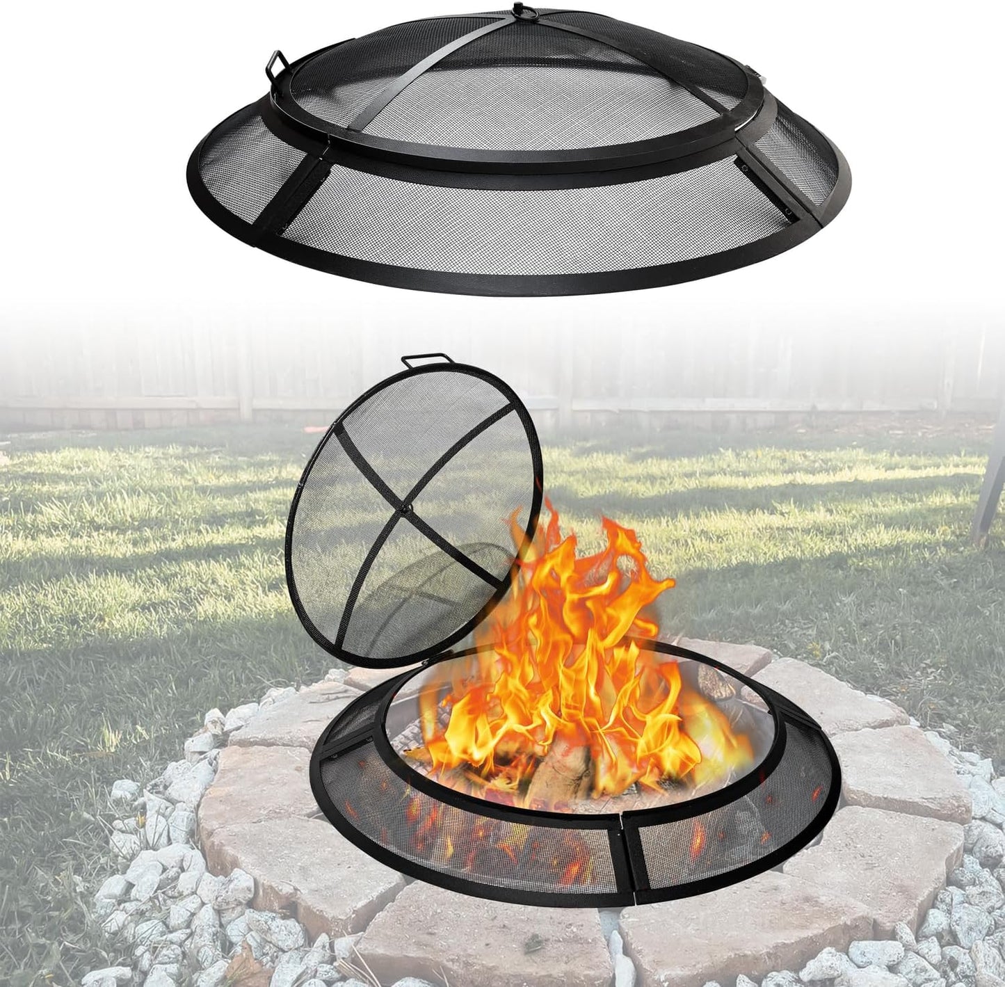 FEBTECH - 36 Inch Round Fire Pit Screen, Heavy Duty Outdoor Spark Screen with Hook, Black, Carbon Steel, Dome Shape