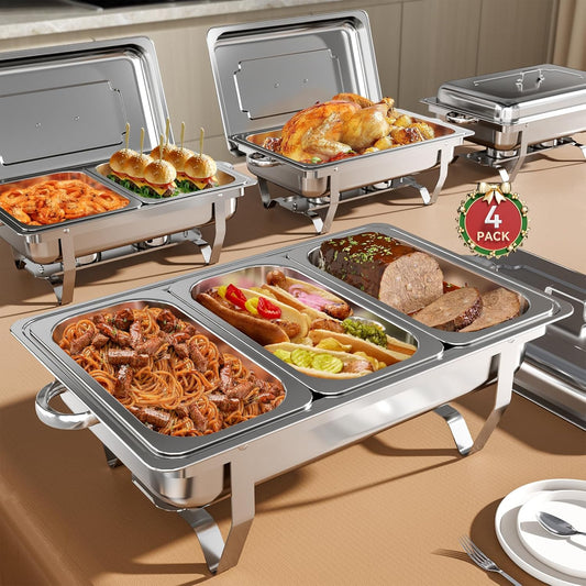 Amhier Chafing Dish Buffet Set, 9QT High Grade Chafing Dishes for Buffet, Chafers and Buffet Warmers Sets for Birthday, Wedding, Rolled-Edge Design with Silver, 4 Pack, 7 Pans