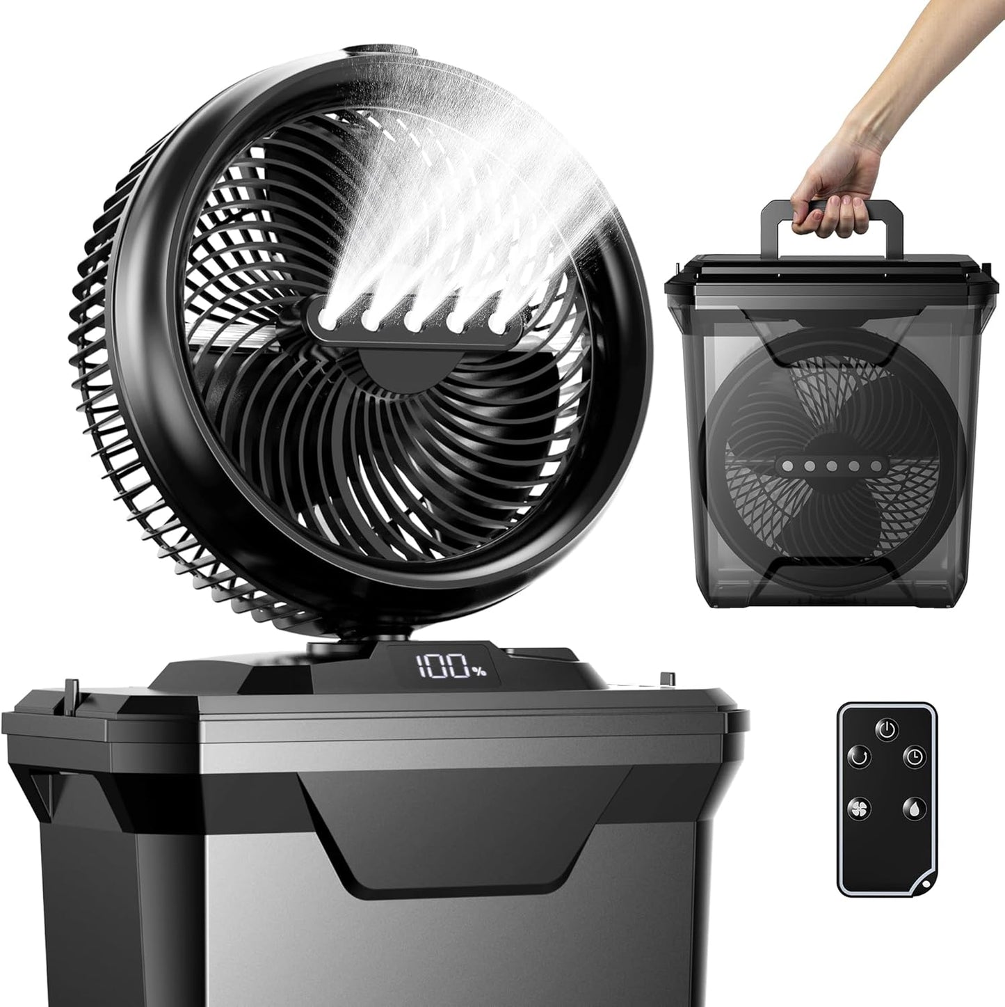 Koonie 10 Inch Camping Misting Fan 11L Tank, 20000mAh Cooling Battery Floor Fan with Remote, 4 Timers, 4 Speeds, 3 Mist Modes, 45°/90° Oscillation, 10° Tilt, Portable for Outdoors Patios, Travel