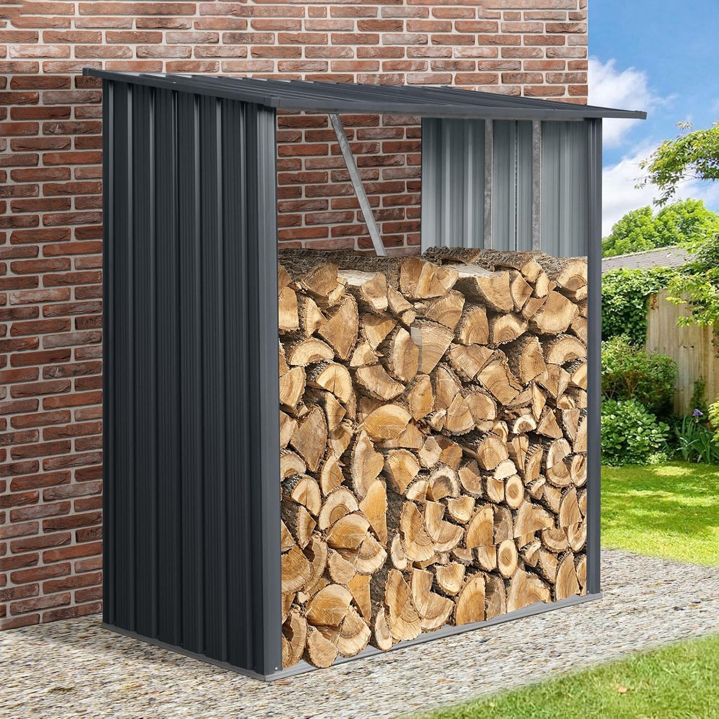3ft x 5ft Heavy-Duty Outdoor Metal Firewood Rack & Storage Shed – Rust-Resistant Galvanized Steel, Open Design for Airflow, Sloped Roof for Water Runoff, Indoor/Outdoor Use (Black)