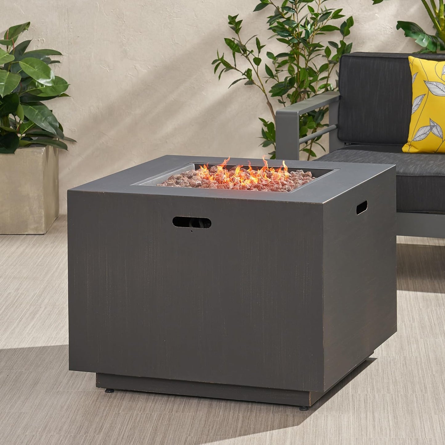 Merax 31" Outdoor Iron Square Propane Fire Pit, Tank Inside, Brushed Brown - 50,000 BTU,Brown