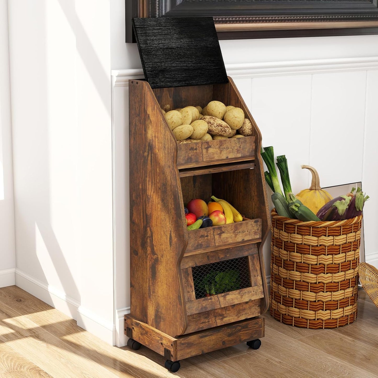 ARTETHTS Potato Storage Bin Movable Bread Box with Lid Rustic and Wheels Onion Organizer with Grocery Section Decorative Vegetable Organization Cabinet for Kitchen