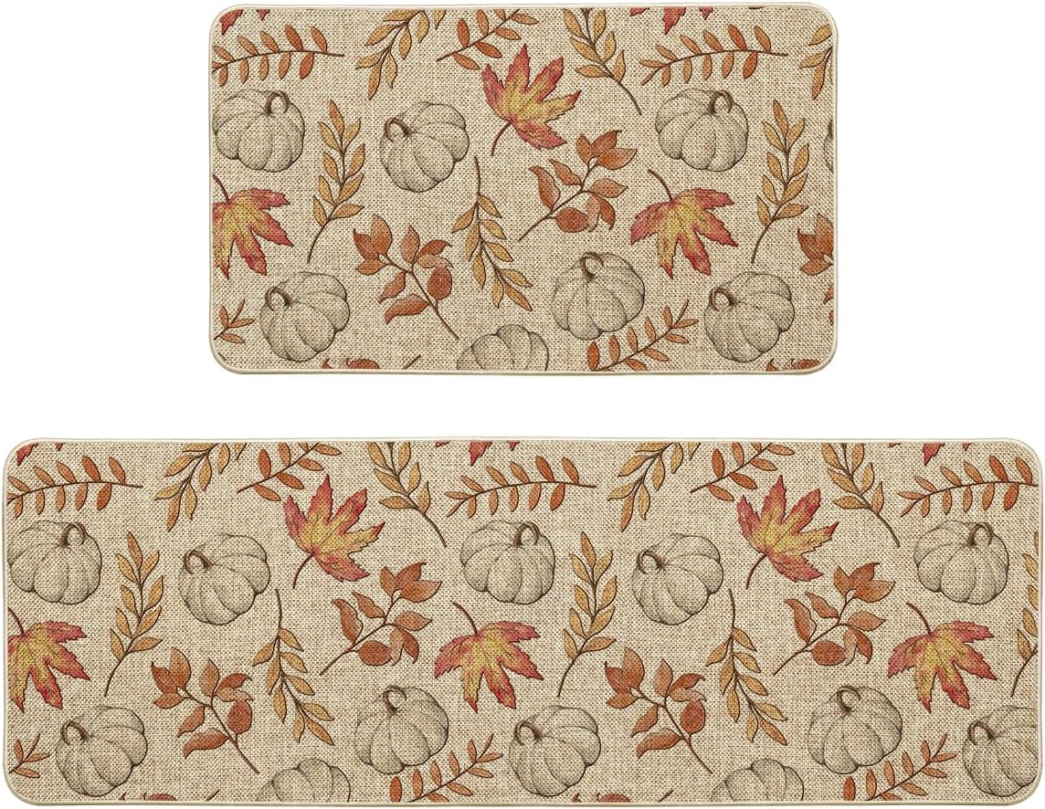 Artoid Mode Pumpkins Fall Kitchen Mats Set of 2, Autumn Maple Leaves Home Decor Low-Profile Kitchen Rugs for Floor - 17x29 and 17x47 Inch