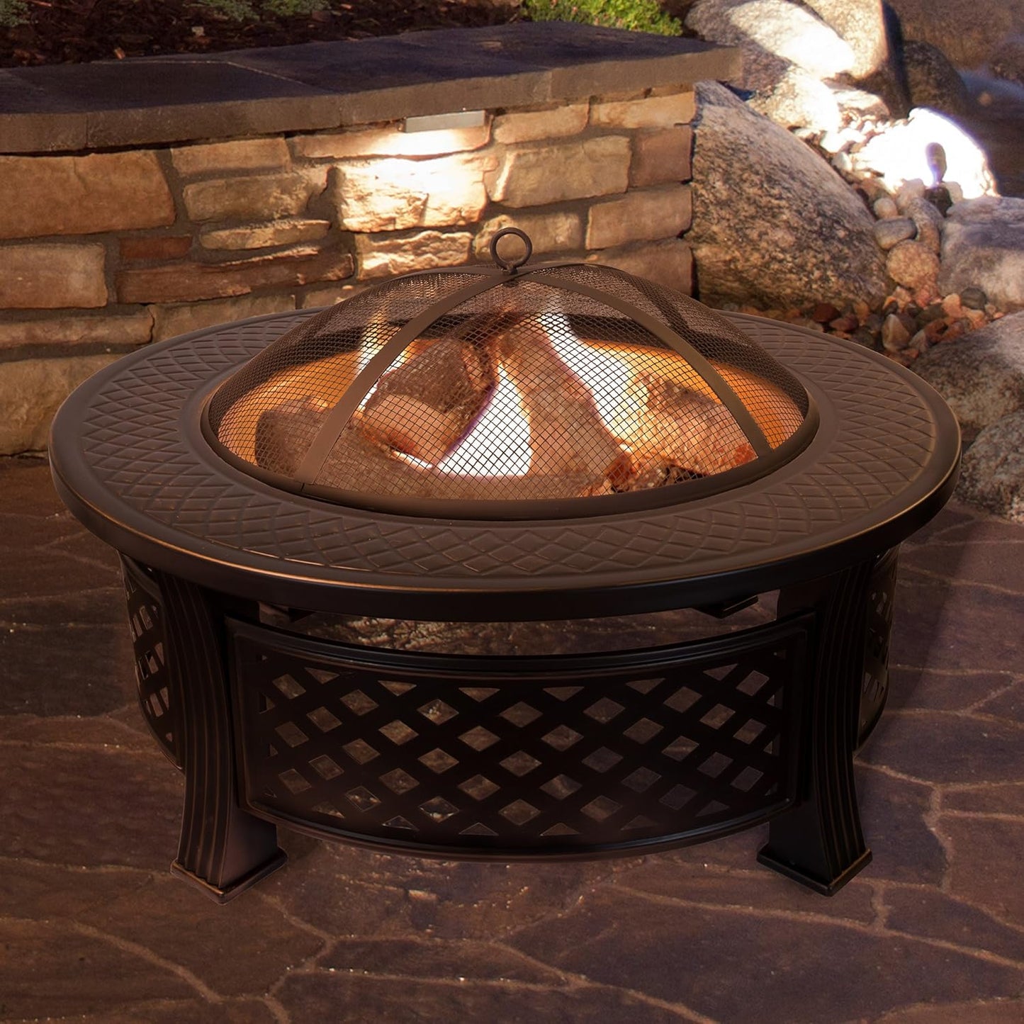 Fire Pit - 32-Inch Outdoor Fireplace with Spark Screen, Poker, and Cover - Wood-Burning Fire Pit for Yard, Patio, or Camping by Pure Garden (Bronze)