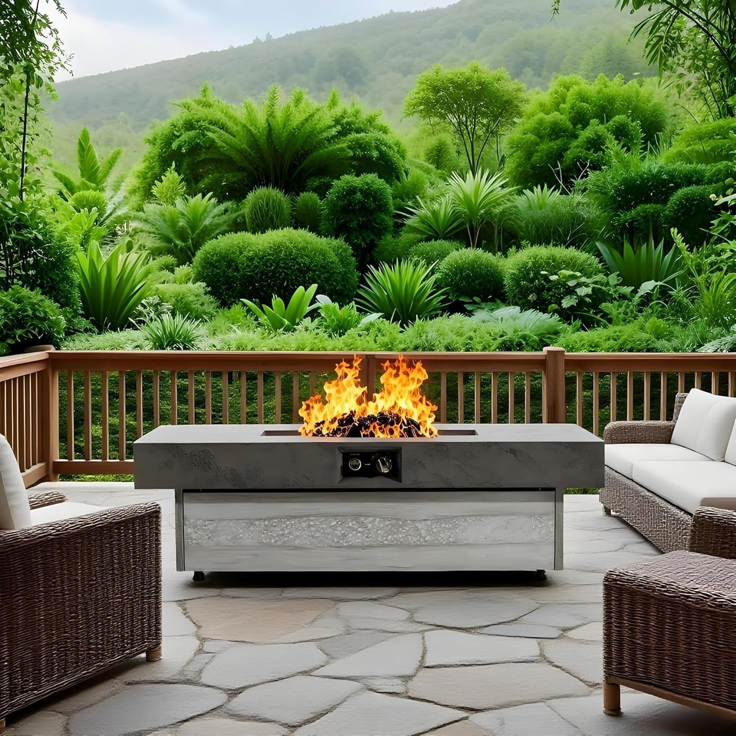 Modern Outdoor 48-Inch Rectangle Propane Fire Pit Table, Cement Grey Iron Construction, 50000 BTU, Adjustable Height with Glass Stones for Patio