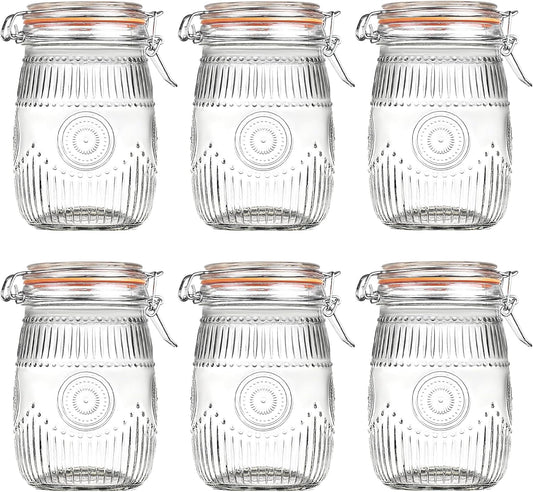 Amzcku Wide Mouth Vintage Mason Jars with Airtight Lid 32oz, Canister Quart Jars for Kitchen Storage - for Coffee, Sugar, Beans 6 Pack