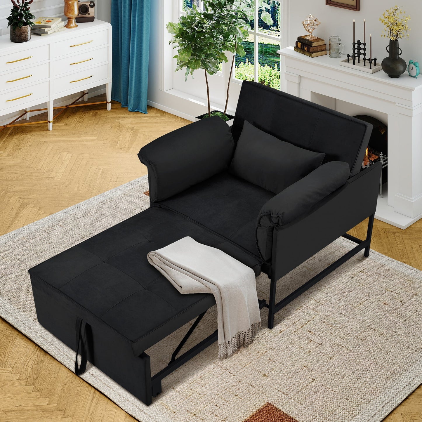 AENKYO 3-in-1 Convertible Sleeper Chair Bed with Adjustable Backrest, Velvet Chaise Lounge Sofa for Small Spaces, Gray