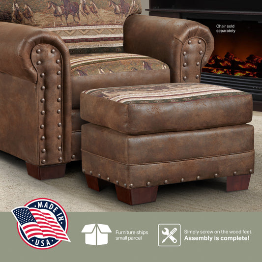 American Furniture Classics 26.5" Microfiber Wild Horses Ottoman in Brown