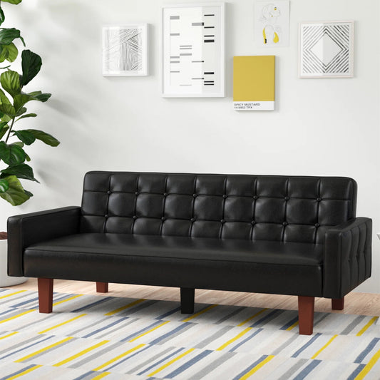 Aukfa 75" Leather Futon Convertible Sofa Bed, Arm Couch for Home Office, Button-Tufted Back, Black