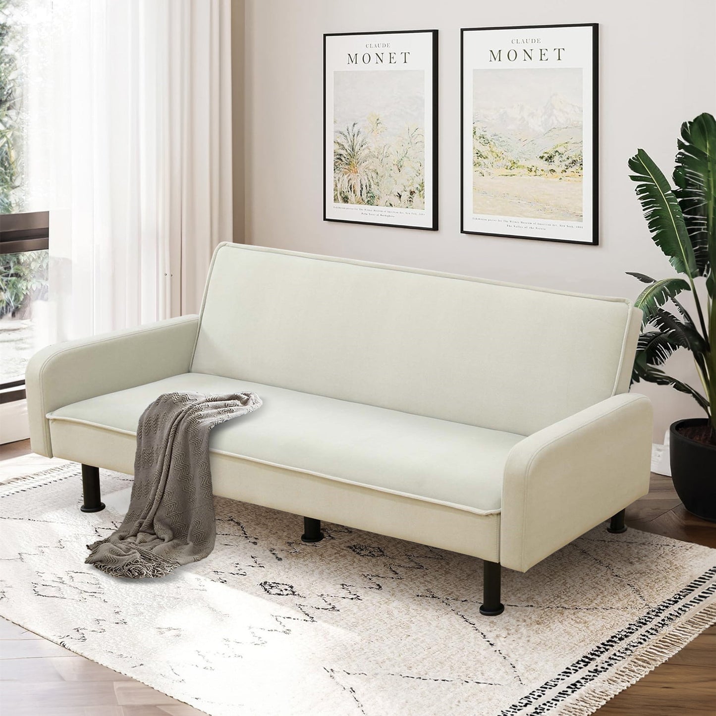 Aukfa 78" Square Arm Futon Sofa Bed Upholstered 3 Seat Couch for Home Office, Flannel, Light Gray