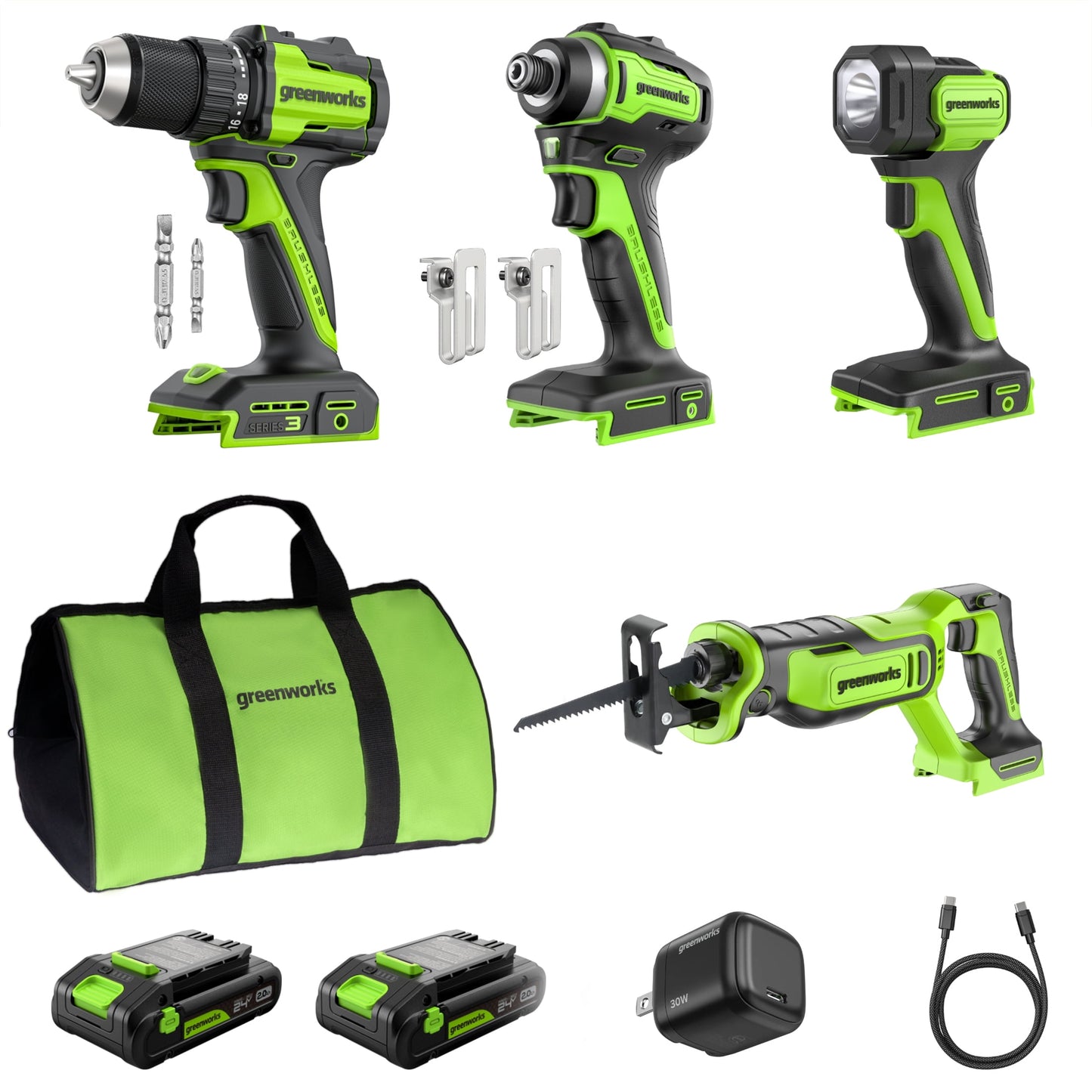Greenworks 24V Brushless 4-Piece Power Tool Combo Kit with (2) 2.0Ah USB-C Batteries and 30W USB-C Charger