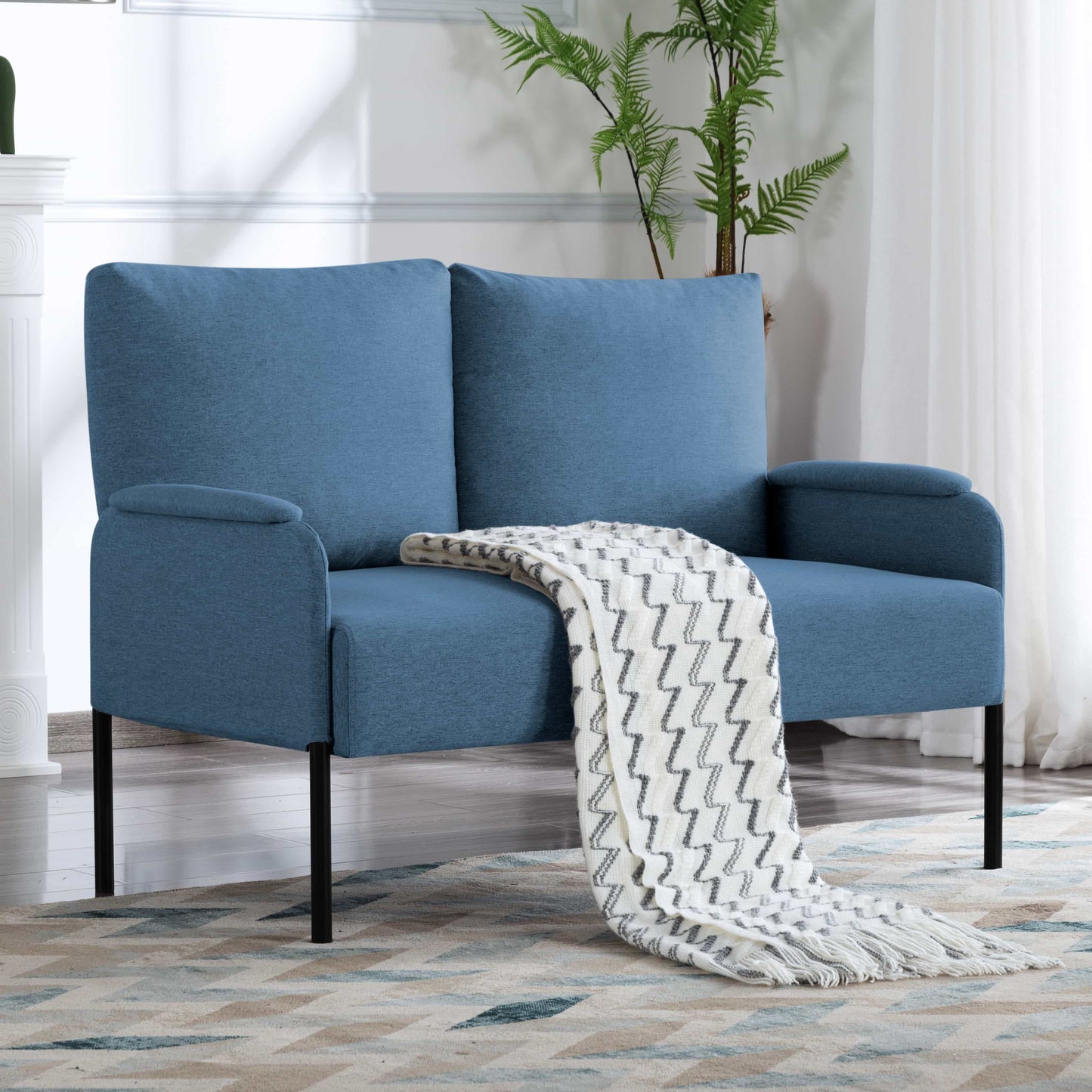 BSHTI Metal Frame Loveseat Couch,Designed with Simple Lines LoveseatIt,Fits well in Apartments or Rooms with Limited Space,Erfect for Small Spaces Linen Blend Blue