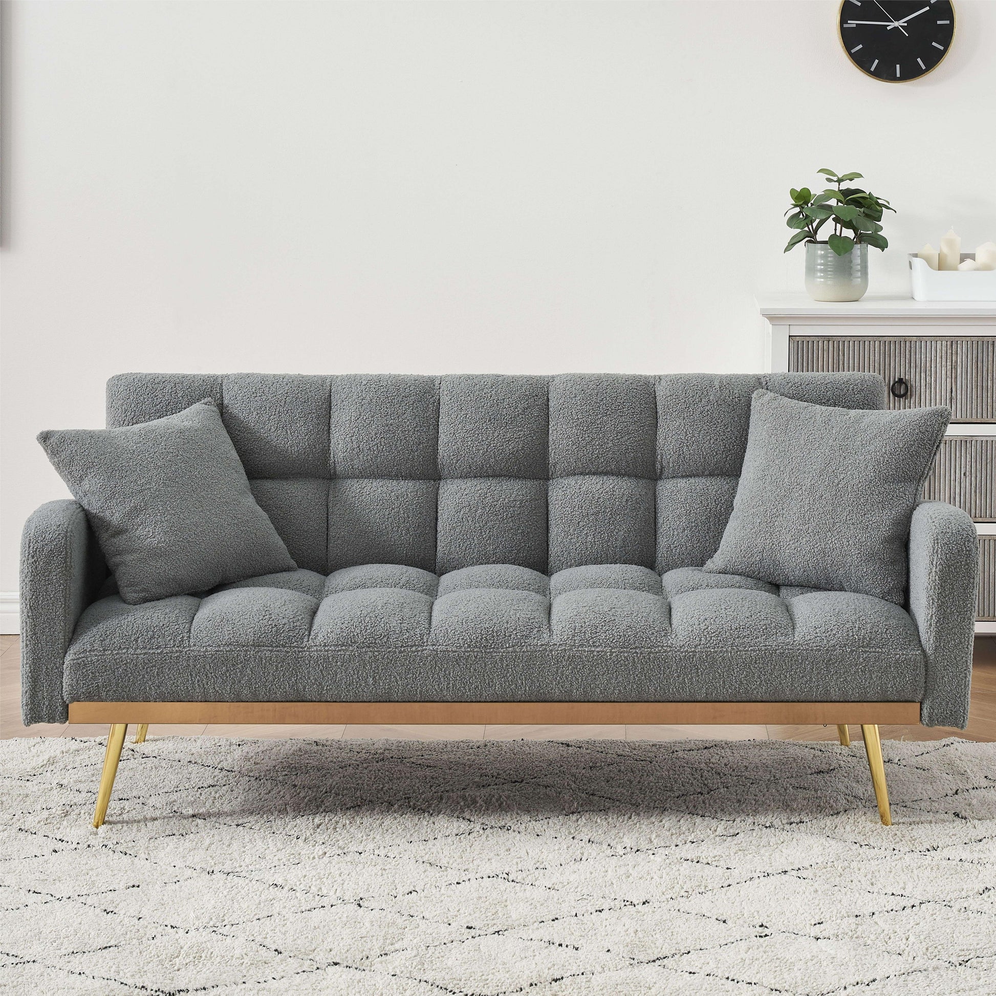 Bianlte Teddy Fleece Futon Sofa Bed Modern Wood Adjustable Reclining Couch with Pillows, Gray/Gold