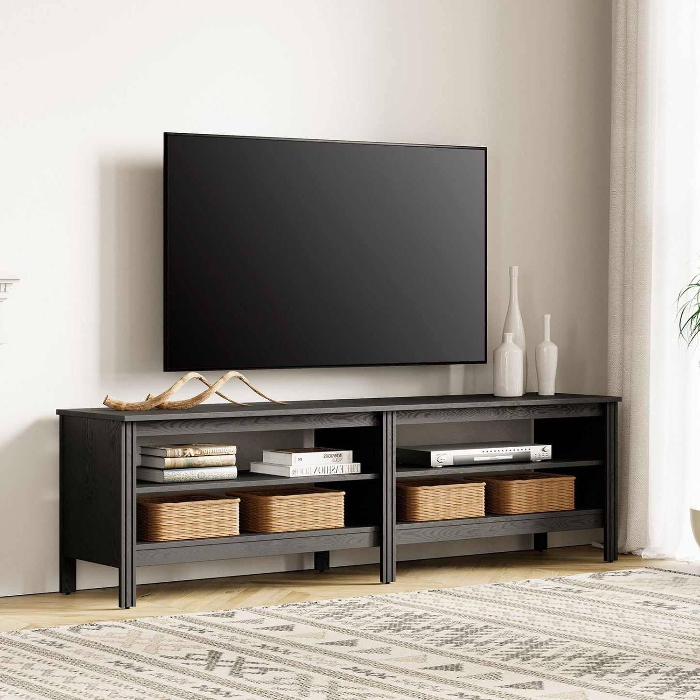 Fitueyes Mid-century Modern TV Stand for 75" TV, black Media Console with Open Shelves for Living Room, 70 Inch