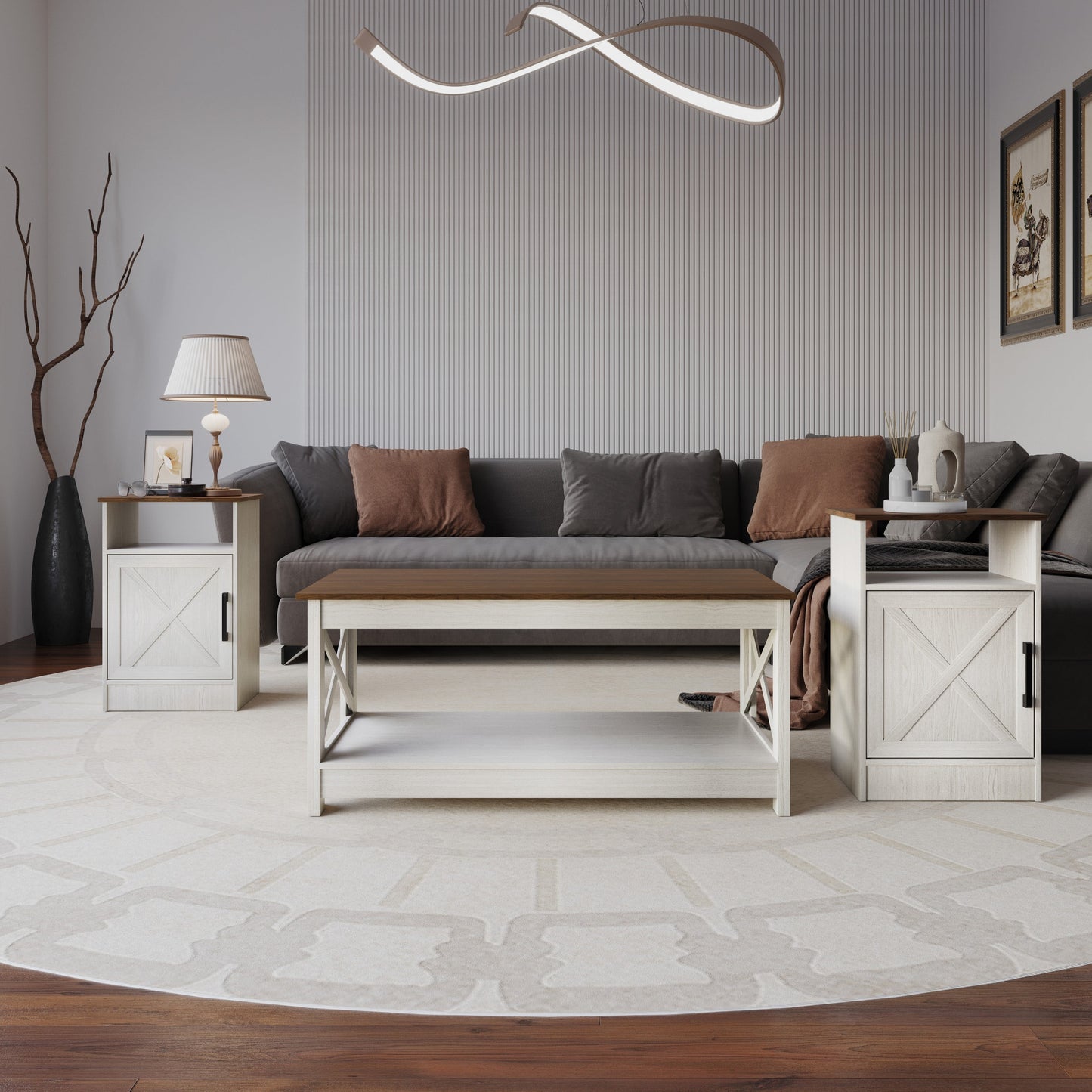 Home Design Lebanon 3 Piece Coffee Table Set - Includes coffee table and 2 end tables, With Soft-Close Doors, Brown/Light Gray, Easy Assembly