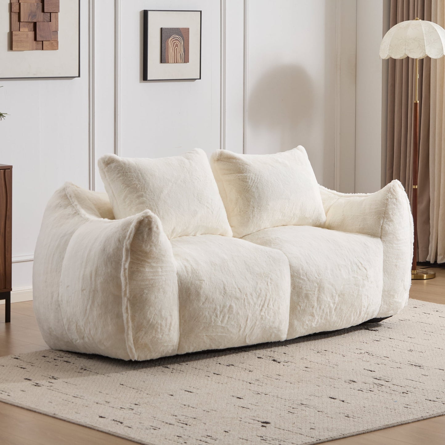 Leumius Giant Bean Bag Sofa Couch for Adults, Upholstered Loveseat Floor Sofa with Pillows and Armrests, Oversized Floor Sofa for Living Room Bedroom,White