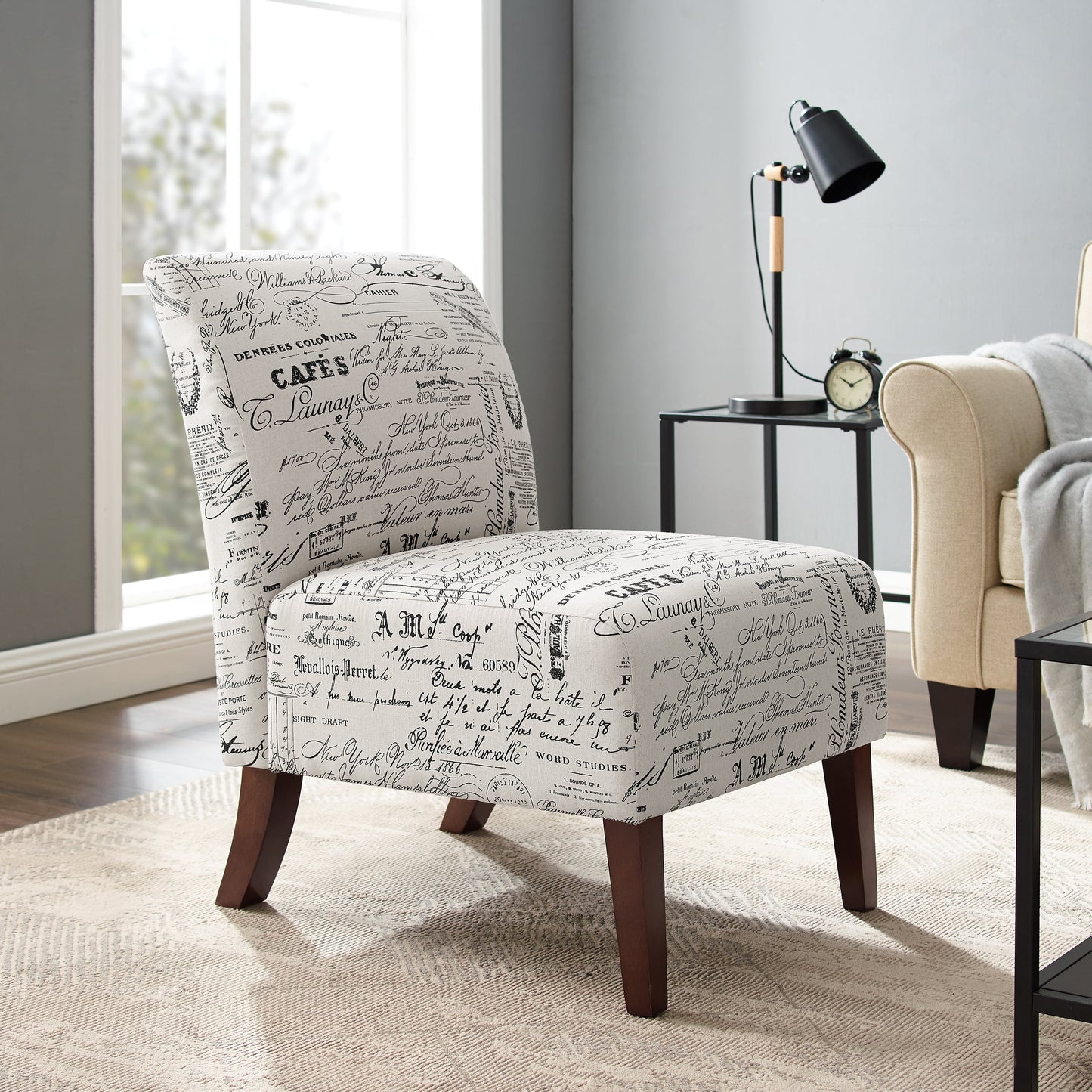 Linon Lily Upholstered Armless Accent Chair in Cream/Black Script Printed Fabric