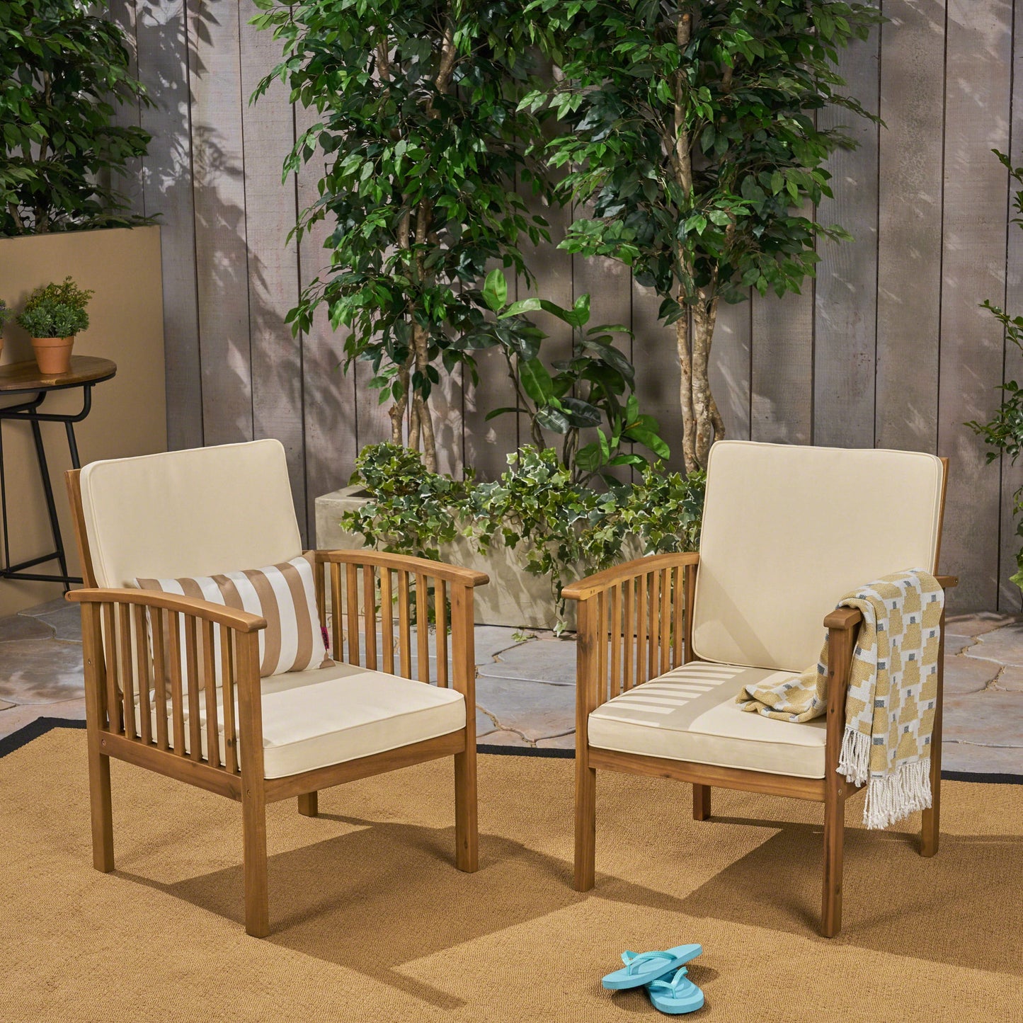Noble House Casa Coastal Outdoor Acacia Wood Club Chair with Cushions, Cream/Brown (Set of 2)
