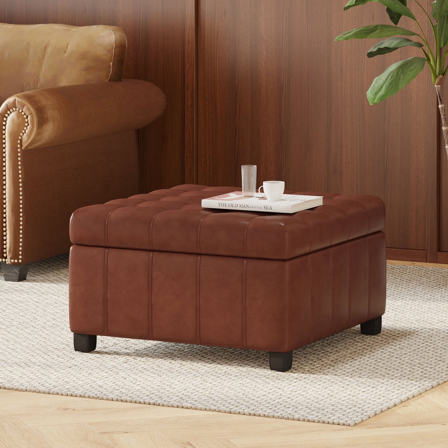 Noble House Rosalla Faux Leather Storage Ottoman, Cognac Brown, Dark Brown