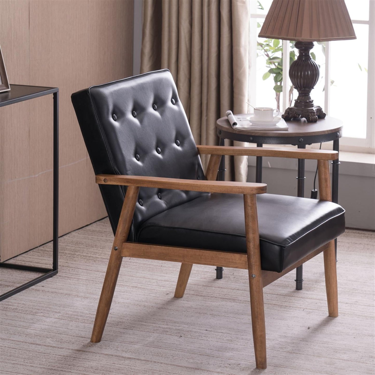 Retro Modern Wooden Single Chair,Modern Design for Office, Living Room & Bedroom Black PU