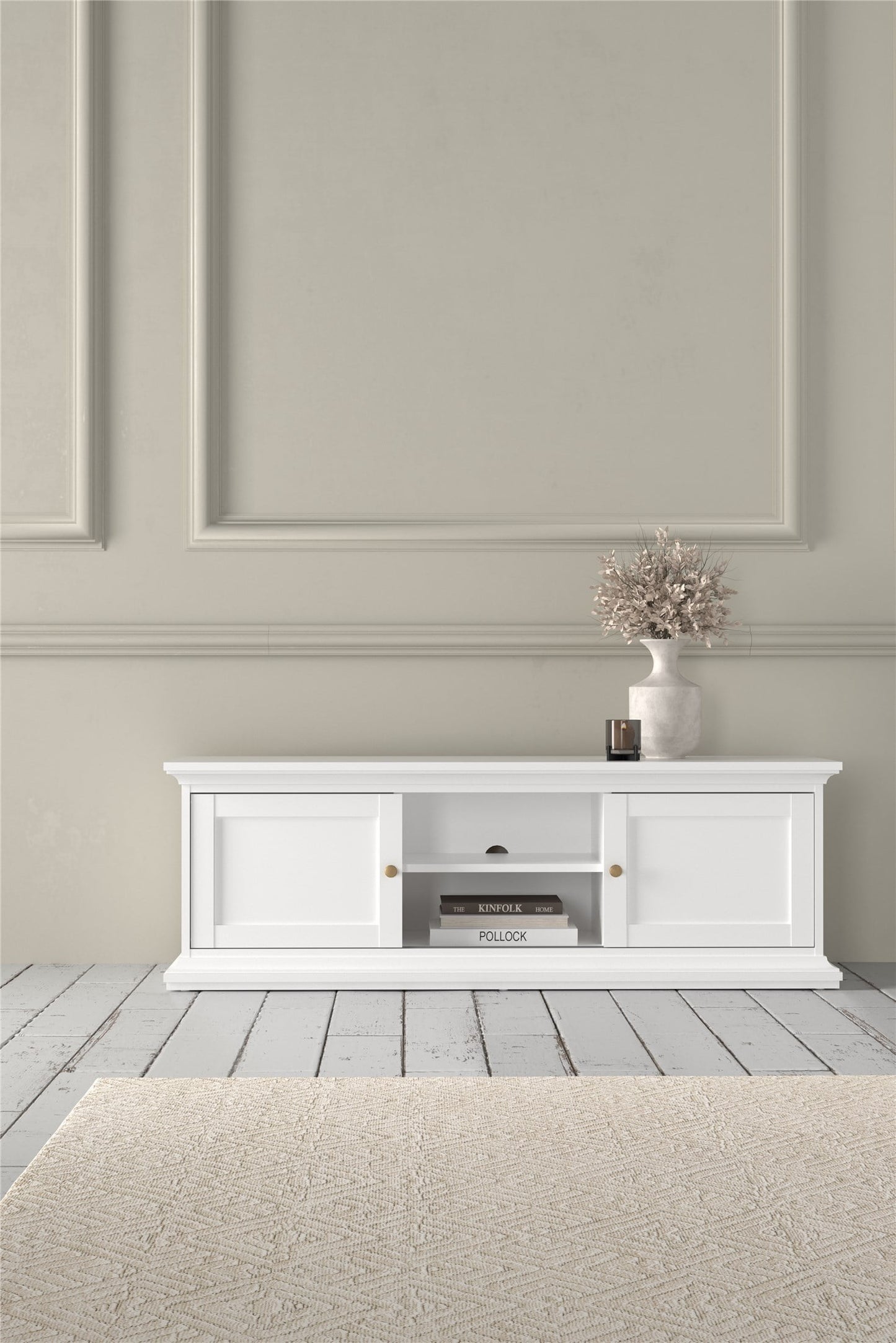 Tvilum Maison Park 2 Sliding Door TV Stand with 6 Shelves, White