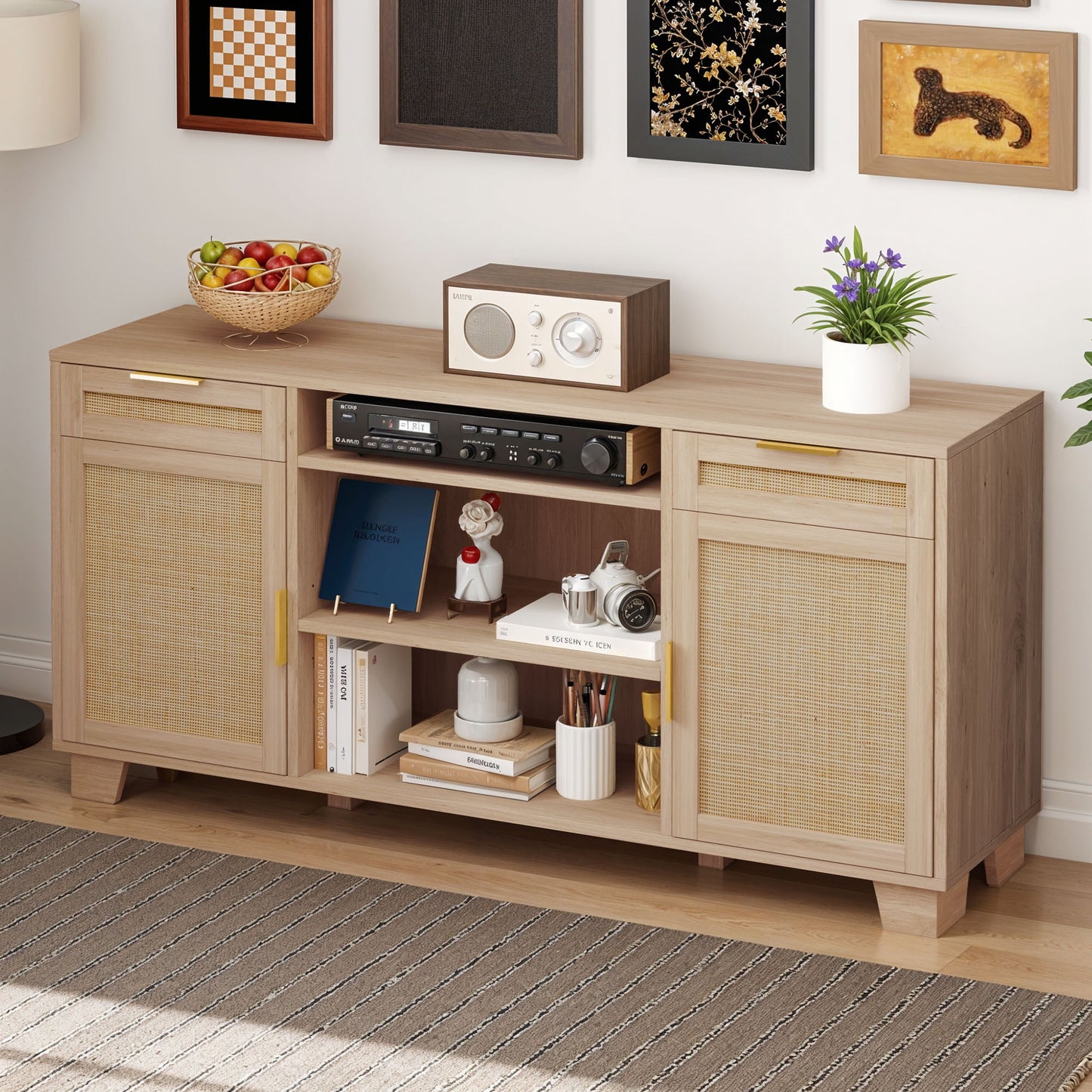 Uforic Bohemian TV Stand for 55-65 Inch TVs, Media Unit with Storage, 58" Wicker TV Console, Contemporary TV Cabinet with 2 Drawers, Customizable Shelf Height