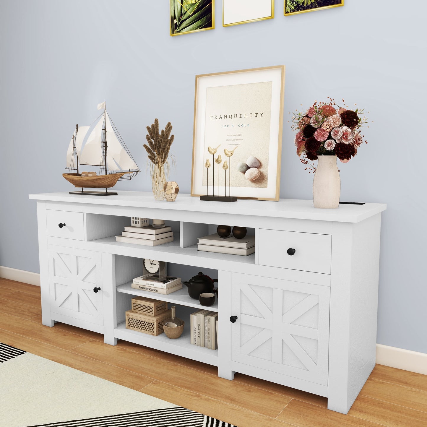 Uforic Media Console with Built-in Power Socket, TV Cabinet for Screens up to 80'' with 2 Shelves