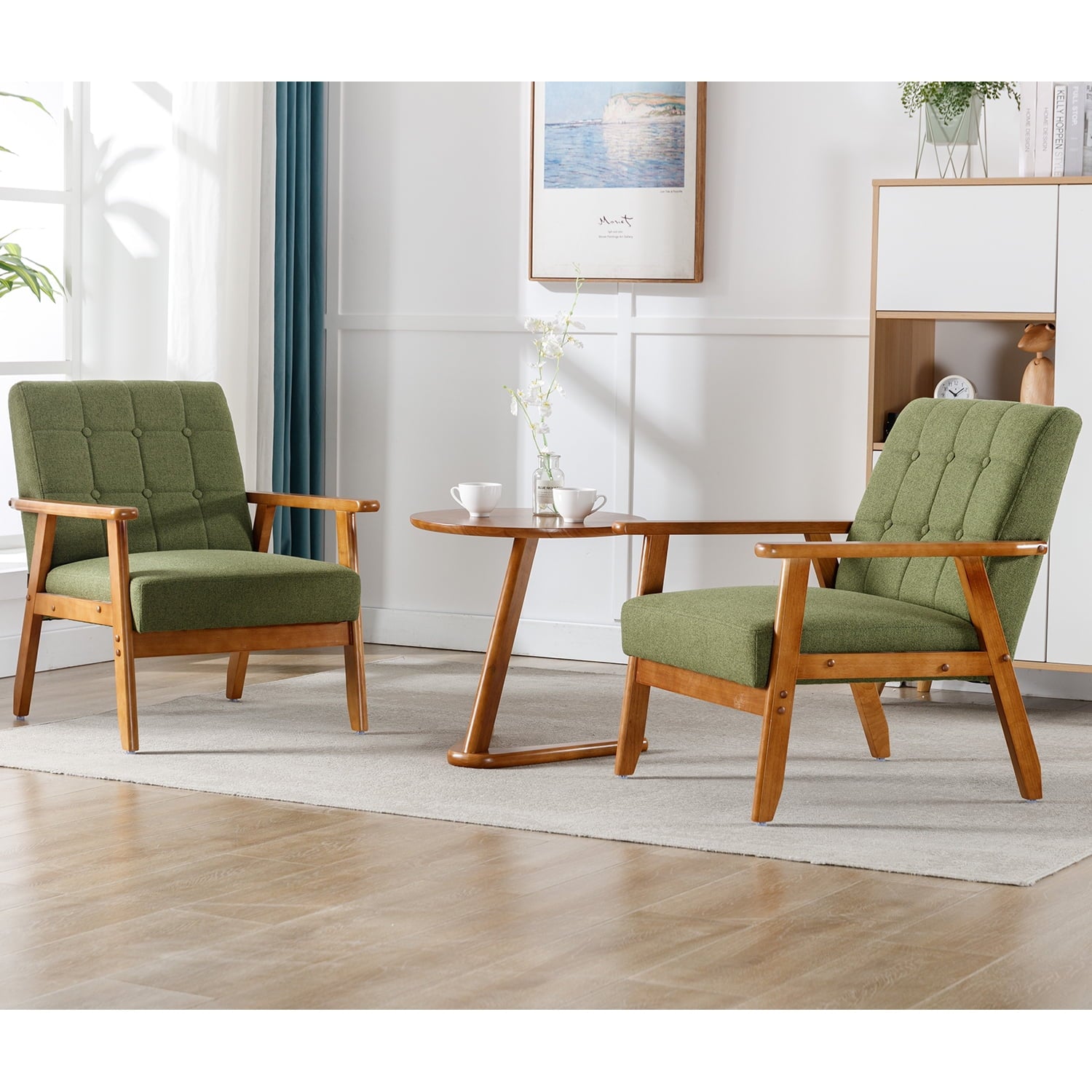 Ufurpie Set of 2 Accent Chairs with Side Table,Mid Century Modern Linen Fabic Chair,Upholstery Armchair for Living Room,Bedroom,Office,Green