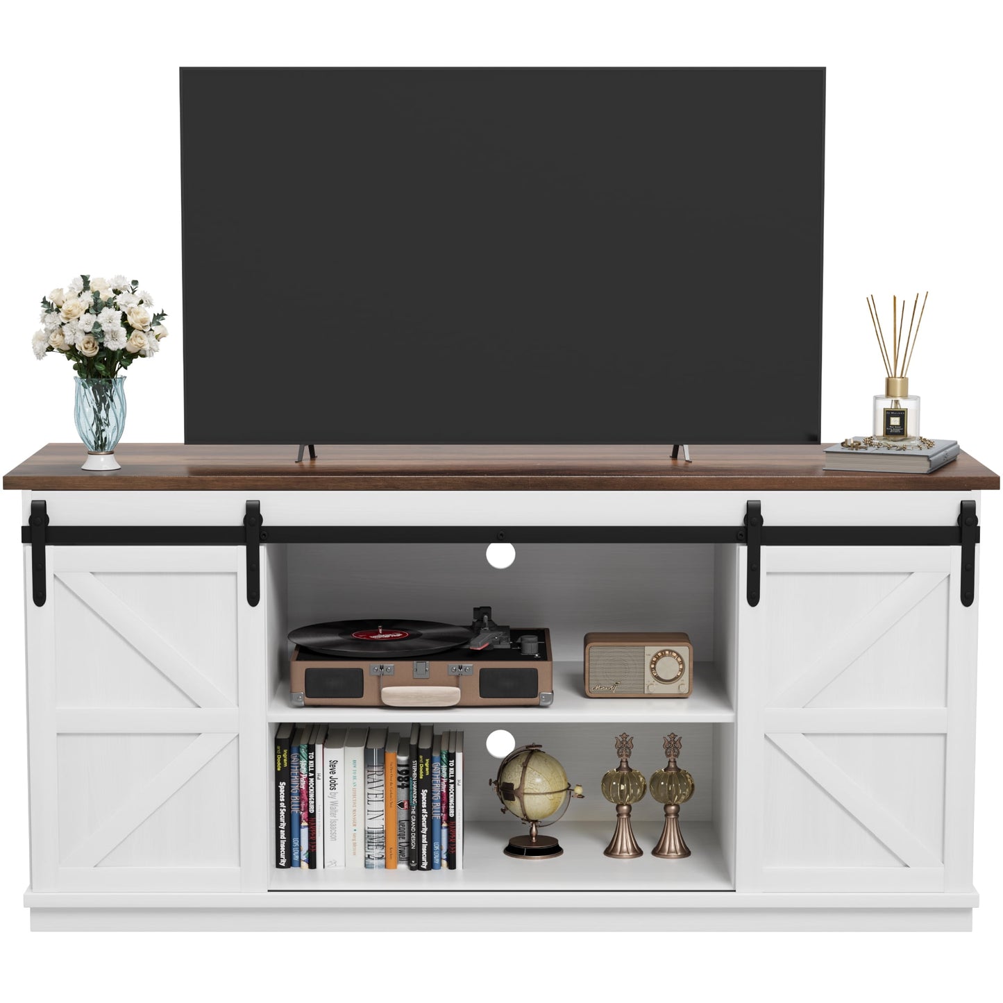 Vineego 58 inch Farmhouse TV Stand and Entertainment Center for Televisions,with Sliding Barn Doors and Storage Cabinets,Milk White