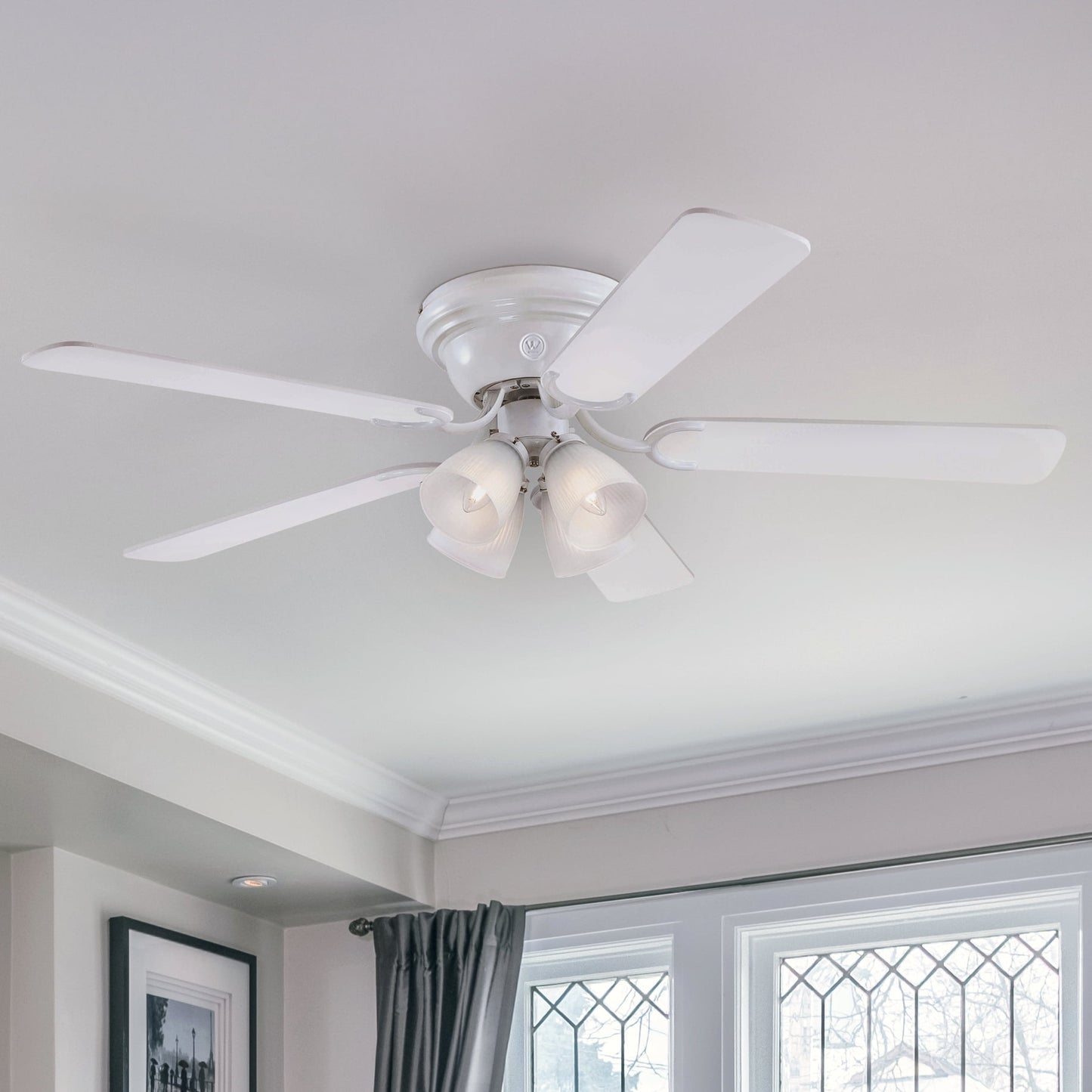 Westinghouse Contempra 4 52 in. White Finish Reversible Blades (White/White Washed Pine) Frosted Ribbed Glass