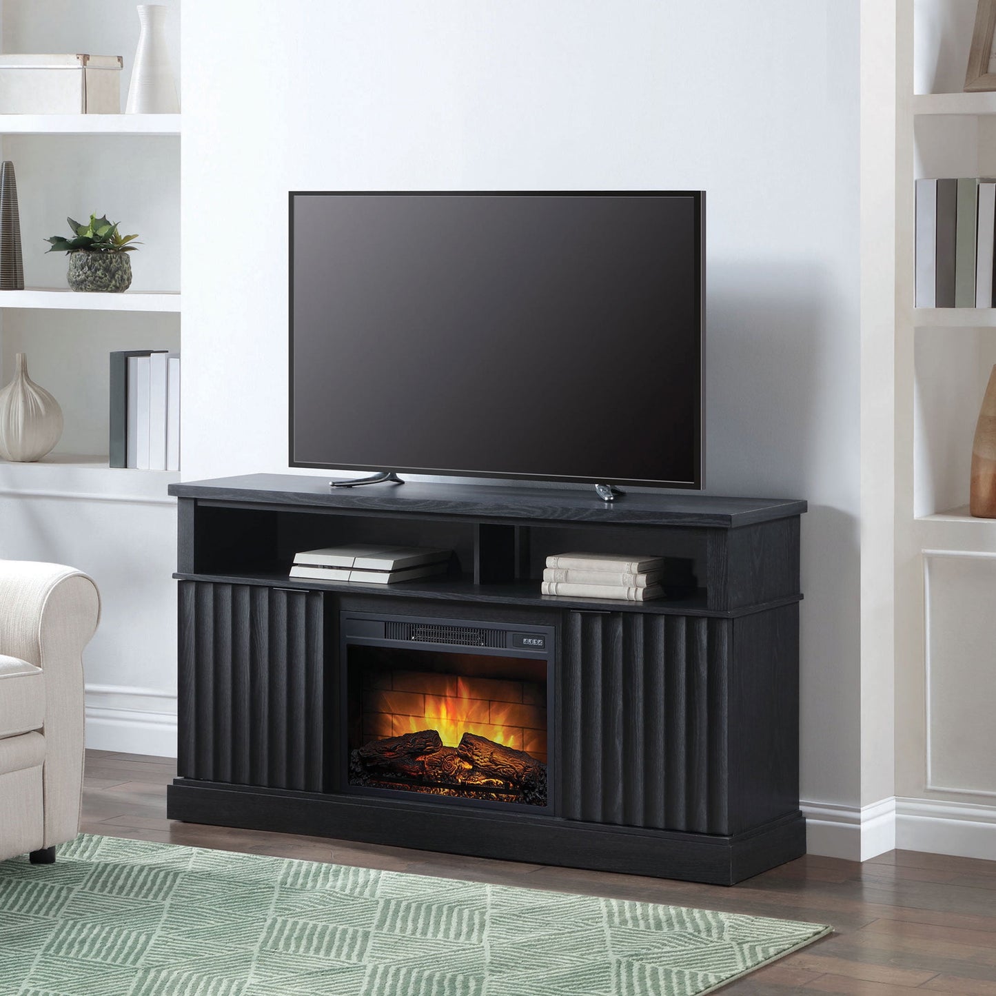Whalen Furniture Harris Fluted Media Fireplace Console for TVs up to 70”, Pine Finish