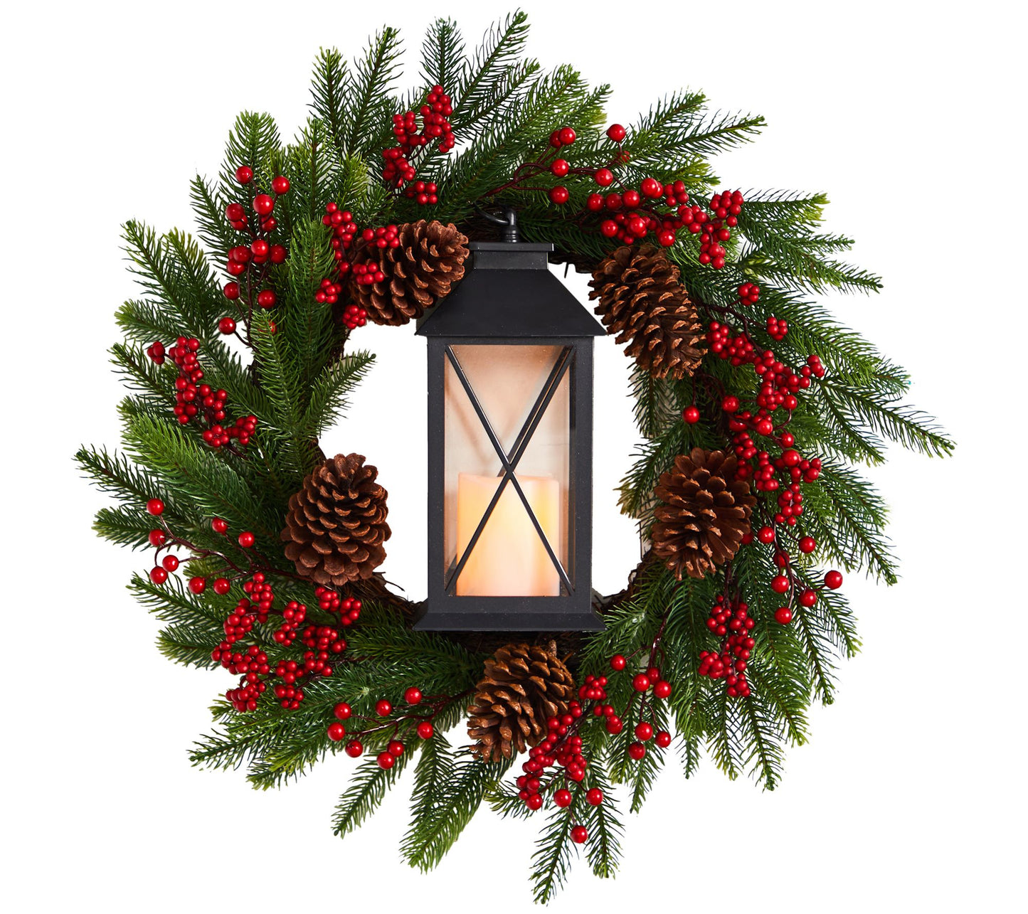 Nearly Natural 28" Berries & Pine Wreath w/Lant ern