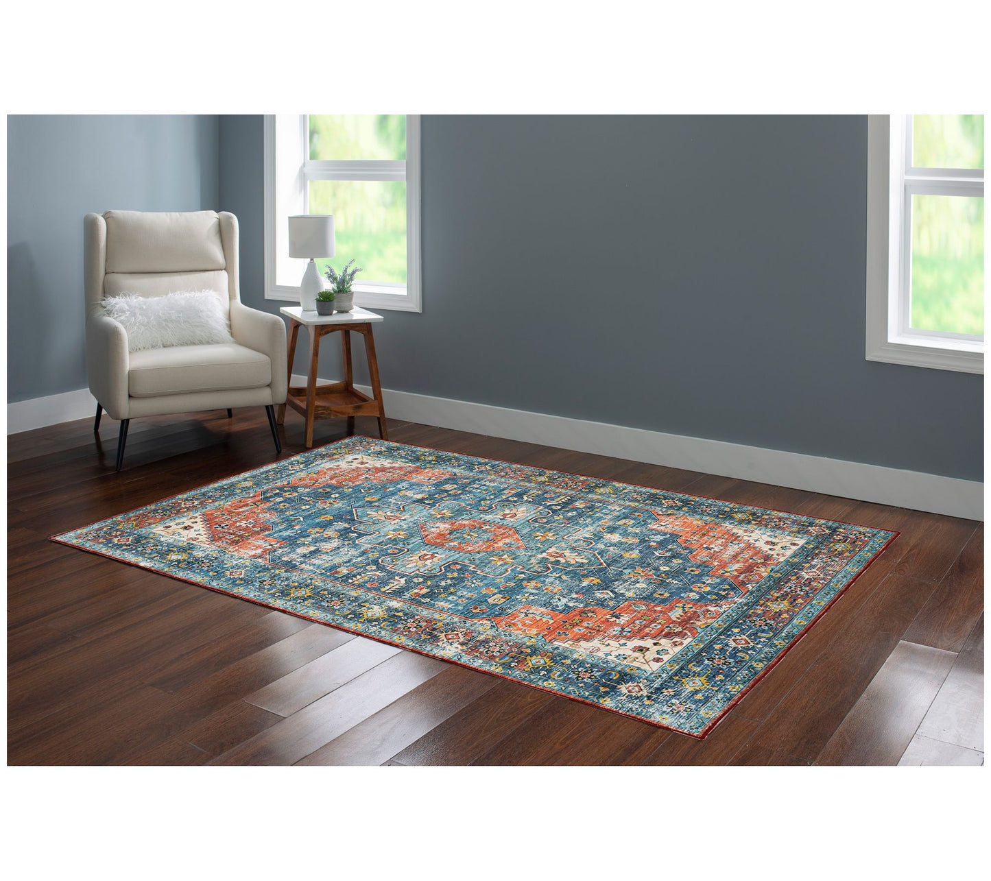 Linon Home Decor Washable Isla Teal/Rust 5x7 Area Rug