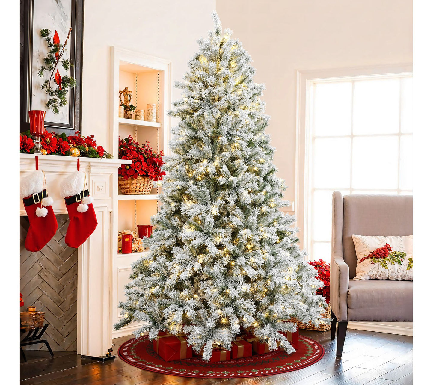LuxenHome 7.5Ft Pre-Lit Snow Flocked Full Fir Artificial Tree