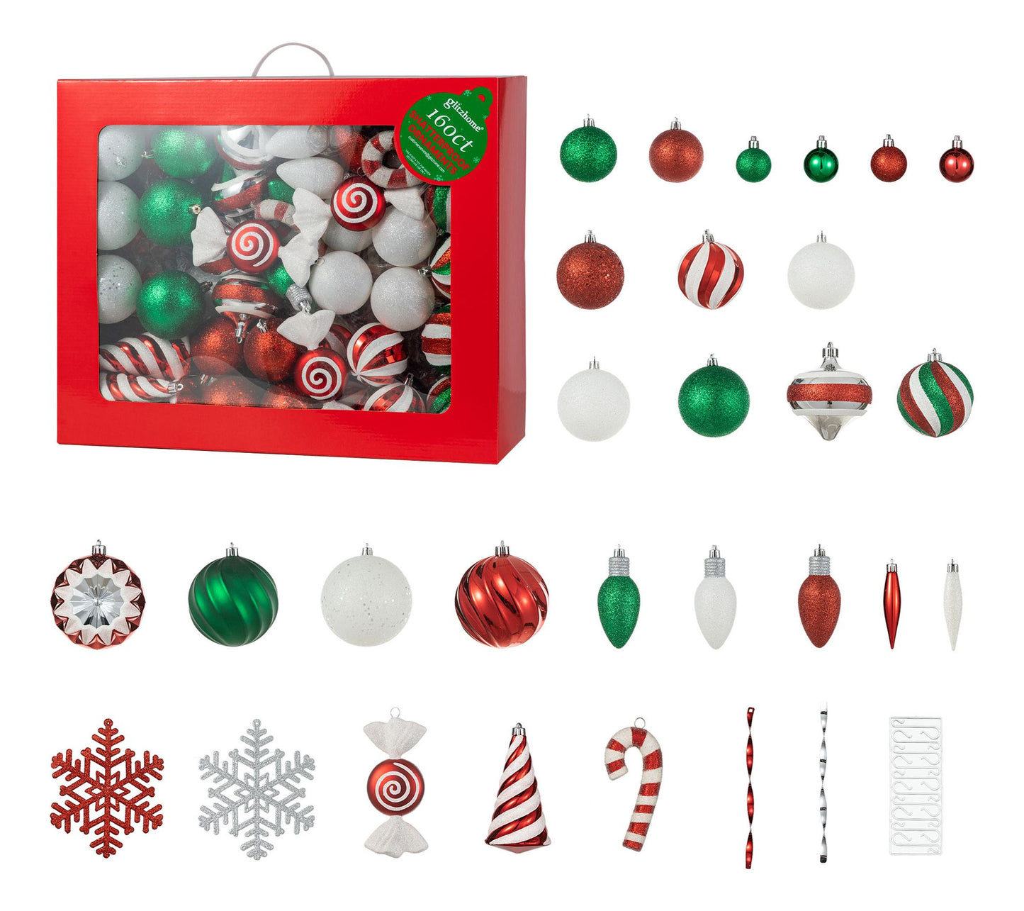 Glitzhome Red & Green Deluxe Boxed Christmas Ornament Set