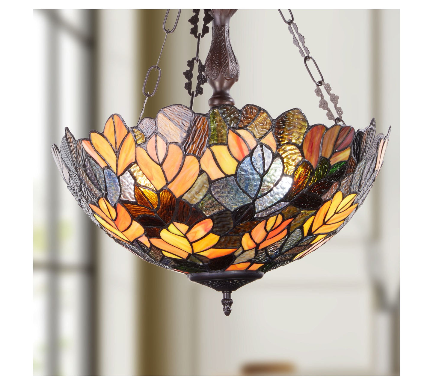 River of Goods 18"W Maple Victorian Stained Glass Bowl Pendant