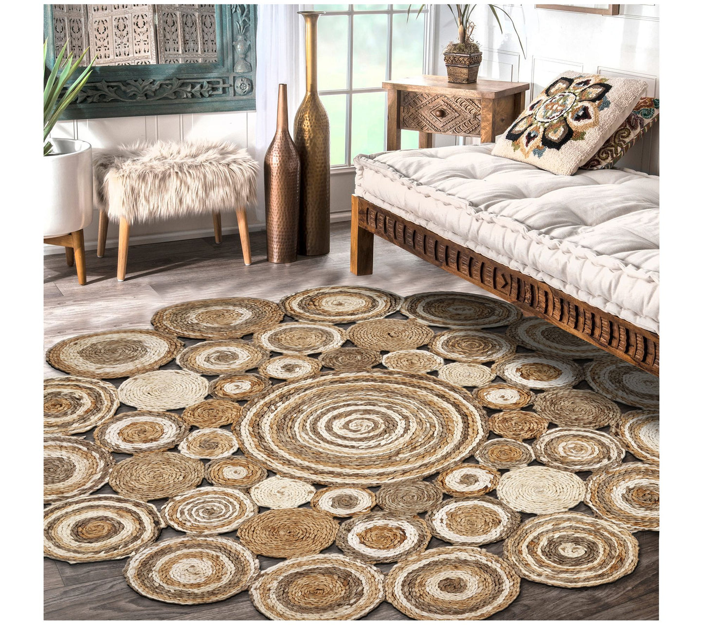 Ox Bay Dots Bohemian Hand-Braided Jute Indoor Rug, 6' Round