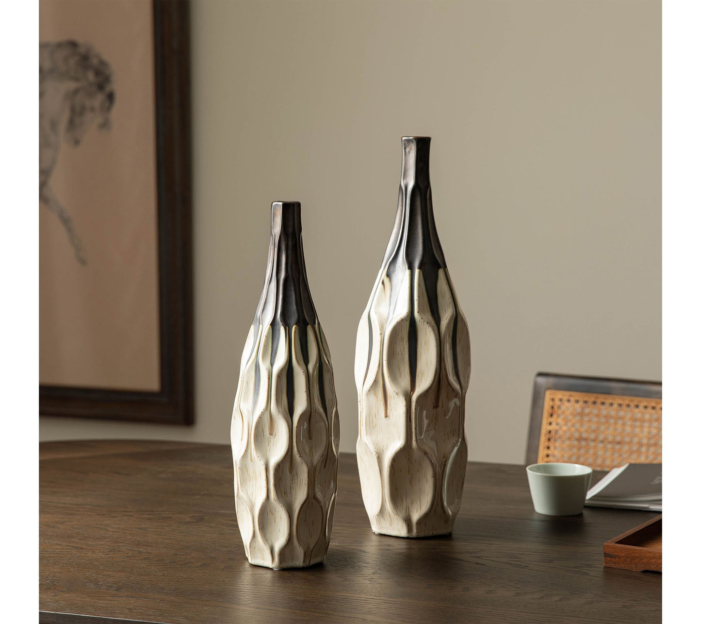 Glitzhome Two-Toned Geometric Faceted Ceramic Table Vases S/2